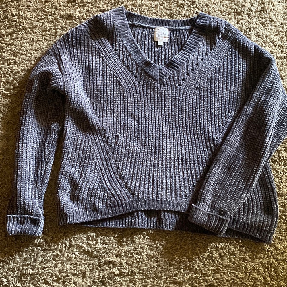 juniors girls velvet gray knit sweater with pattern front